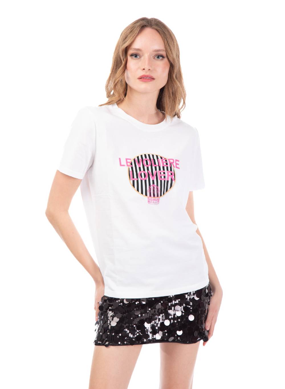 Le Volière T-shirt bianca con stampa rigata 'Le Volière' Qualità