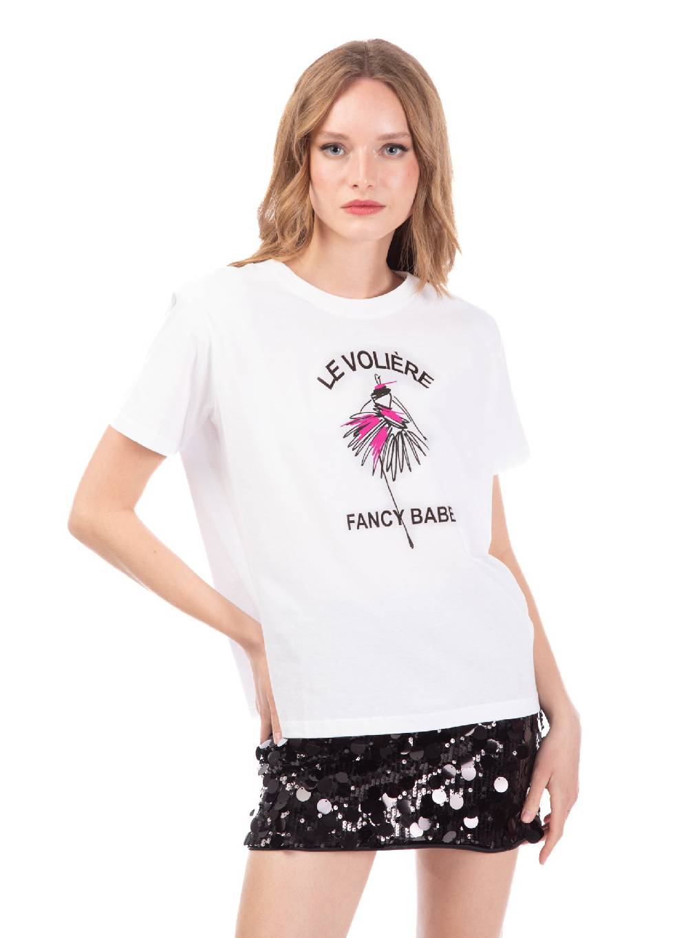 Le Volière T-shirt bianca con stampa 'Le Volière fancy babe' Vendita