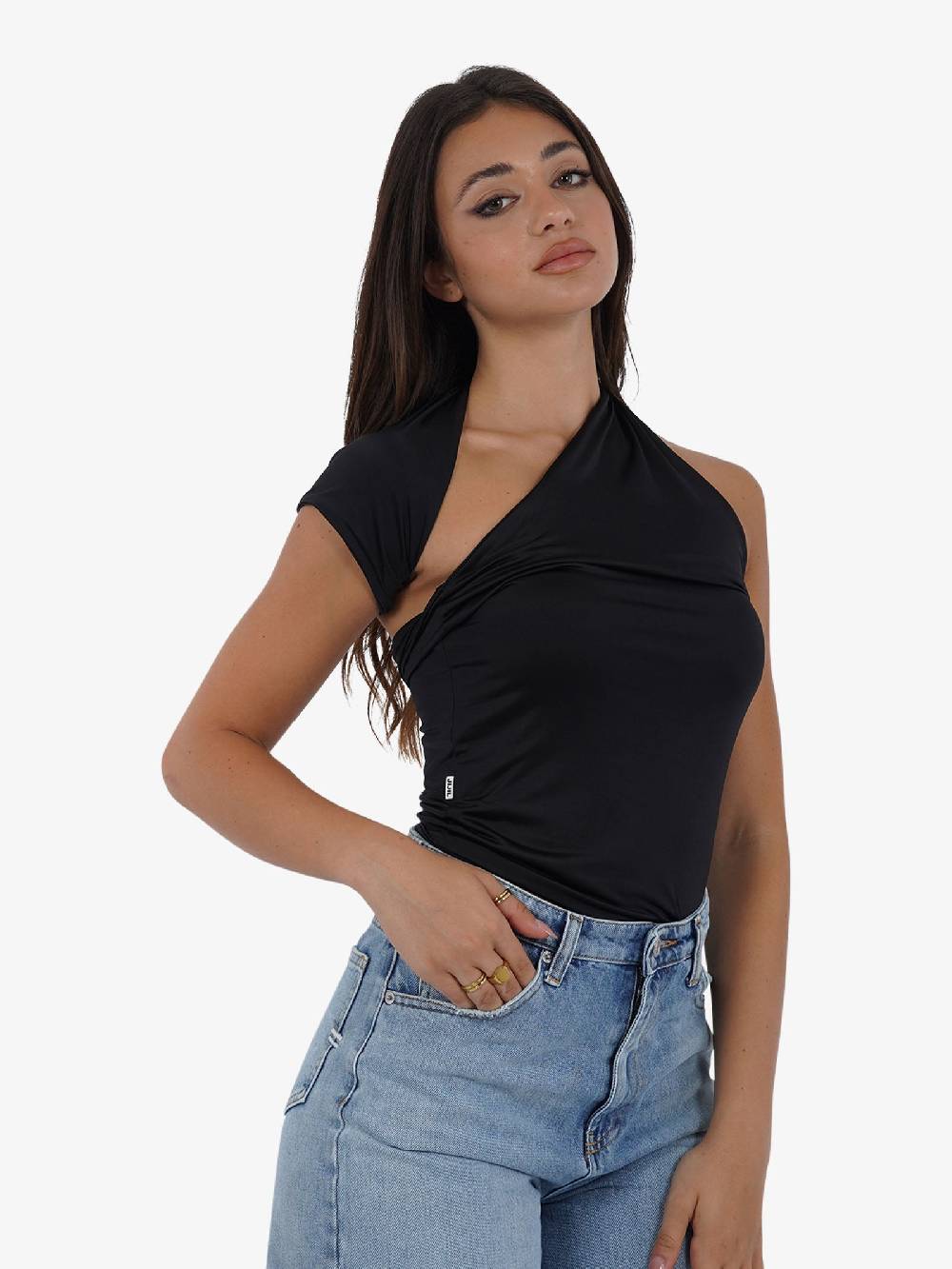 JIJIL T-shirt top monospalla asimmetrico TS217 donna nero Italia