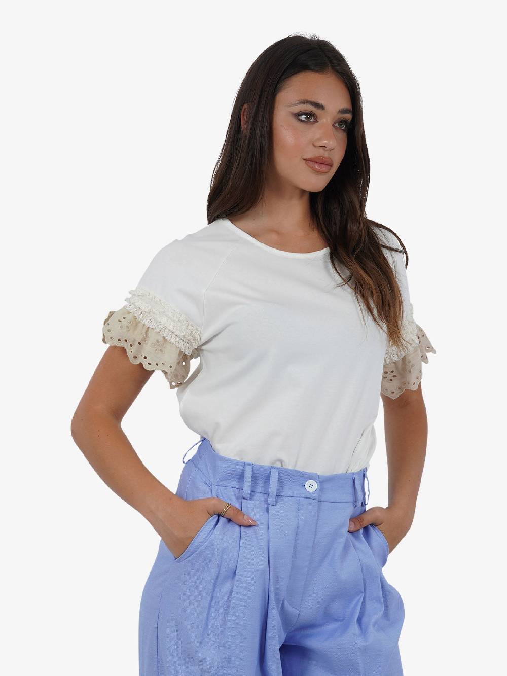 HAVE ONE T-shirt con manica ricamo TJA-L065 donna cotone bianco Qualità