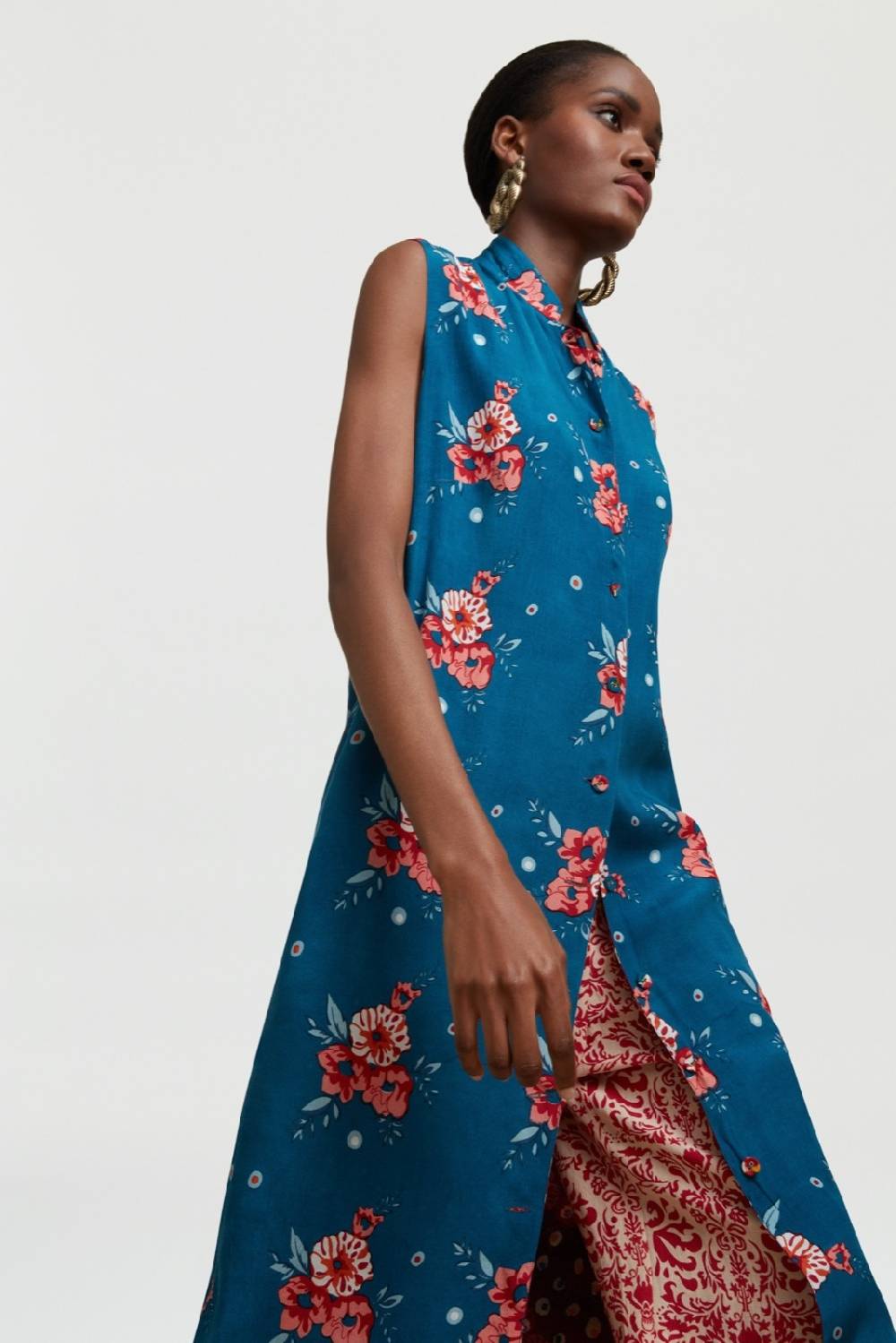 Lisa Corti gilet lungo myanmar bukhara flower teal Vendita