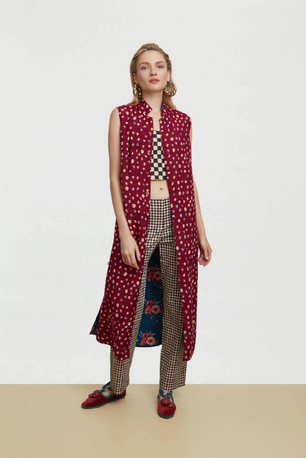 Lisa Corti gilet lungo myanmar bukhara flower teal Vendita