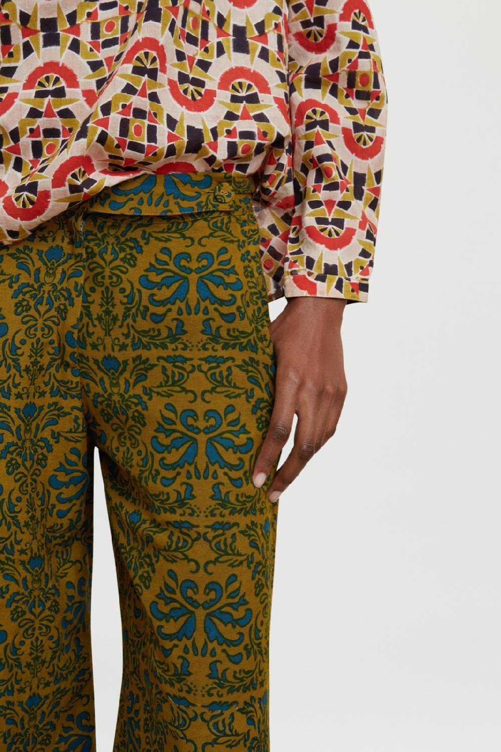 Lisa Corti pantalone myanmar tangeri damask olive green Prezzo di fabbrica