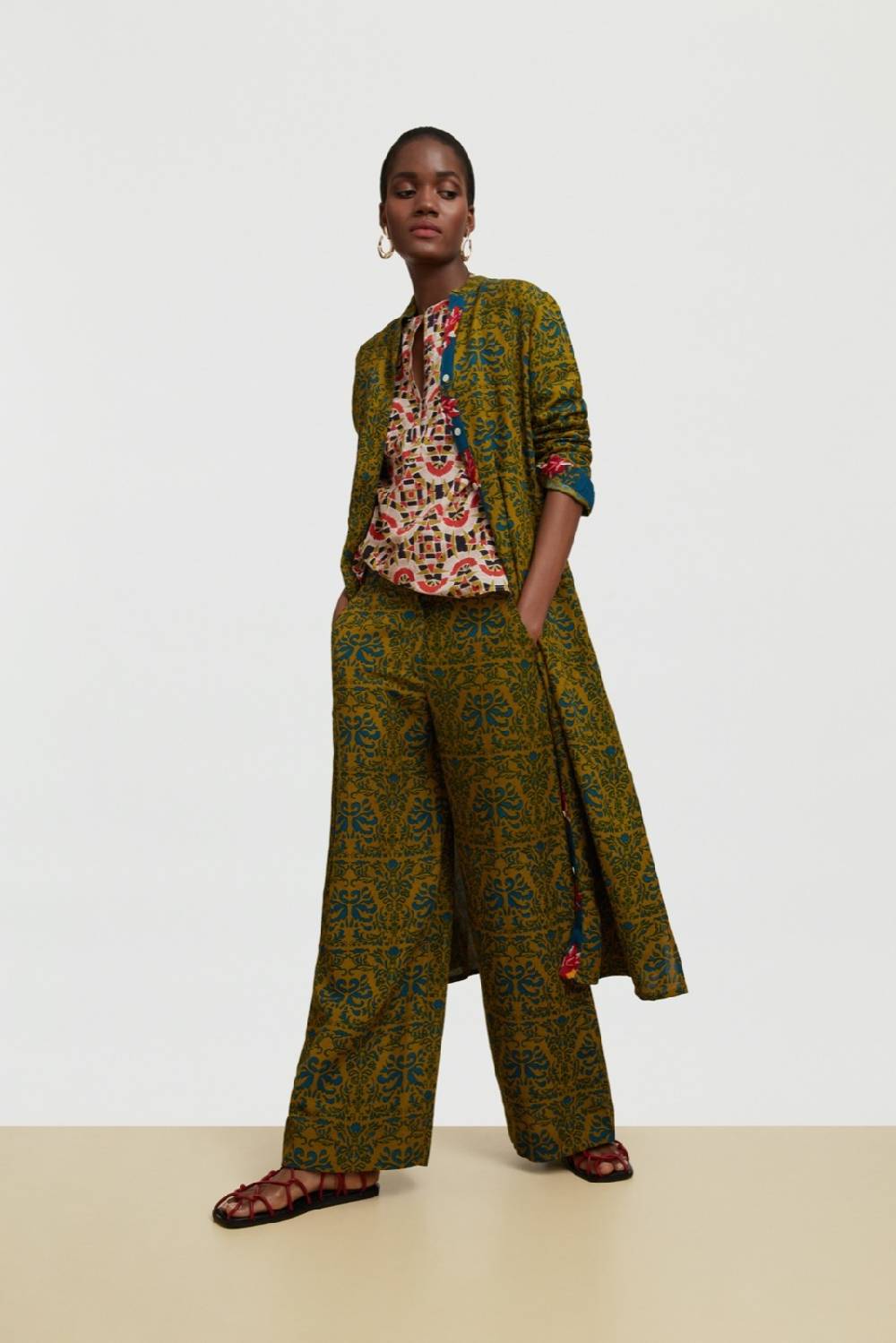 Lisa Corti pantalone myanmar tangeri damask olive green Prezzo di fabbrica