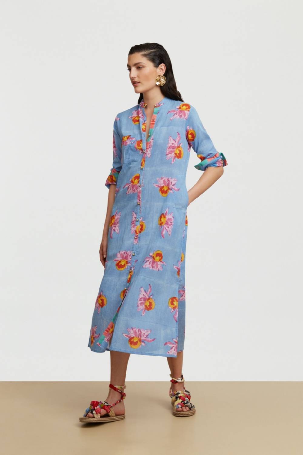 Lisa Corti kurta lunga aperta arabesque flower light blue Vendita Economica