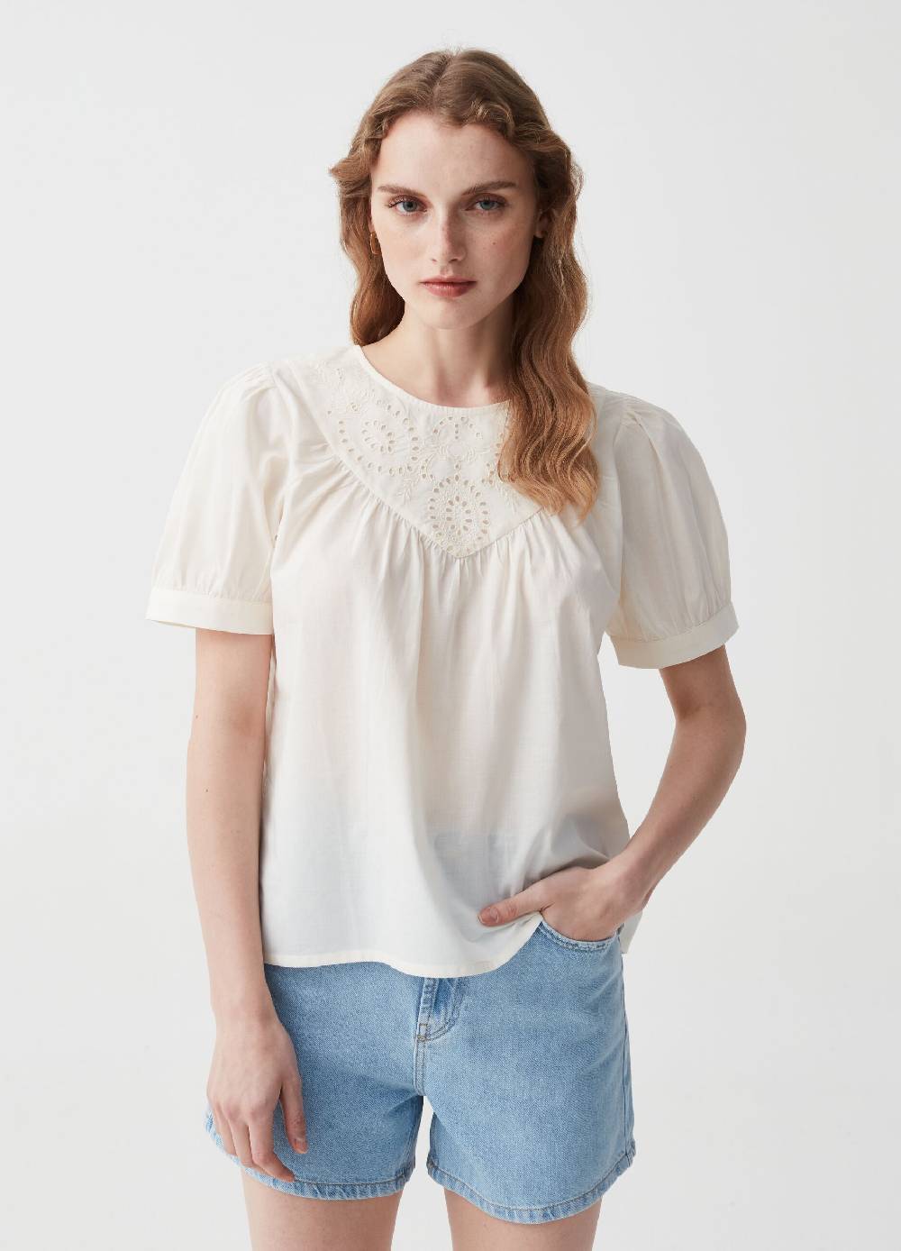 Ovs Blusa in cotone con inserto in sangallo Italia