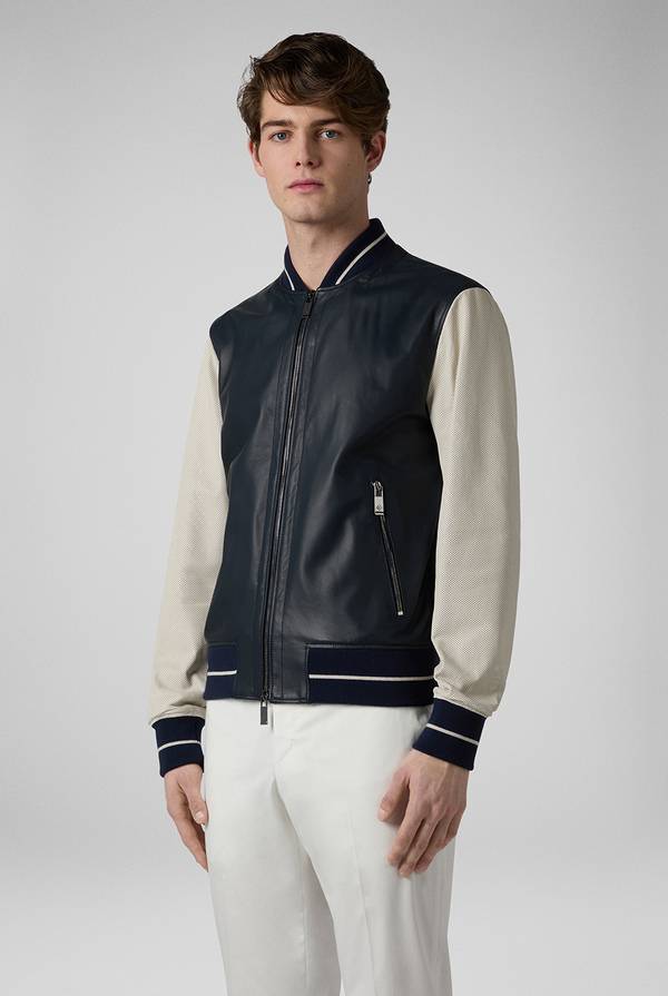 Pal Zileri Varsity Jacket in nappa bicolore blu e panna In Vendita