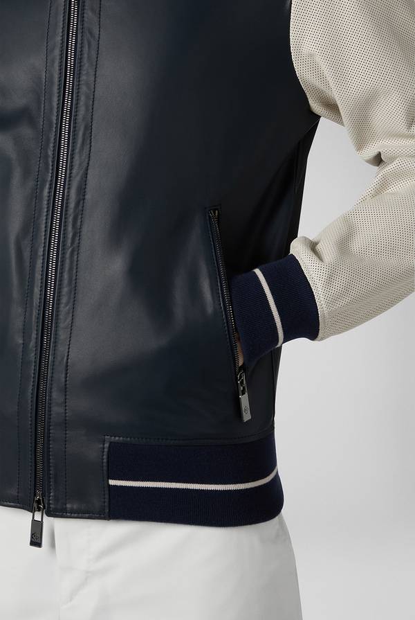 Pal Zileri Varsity Jacket in nappa bicolore blu e panna In Vendita