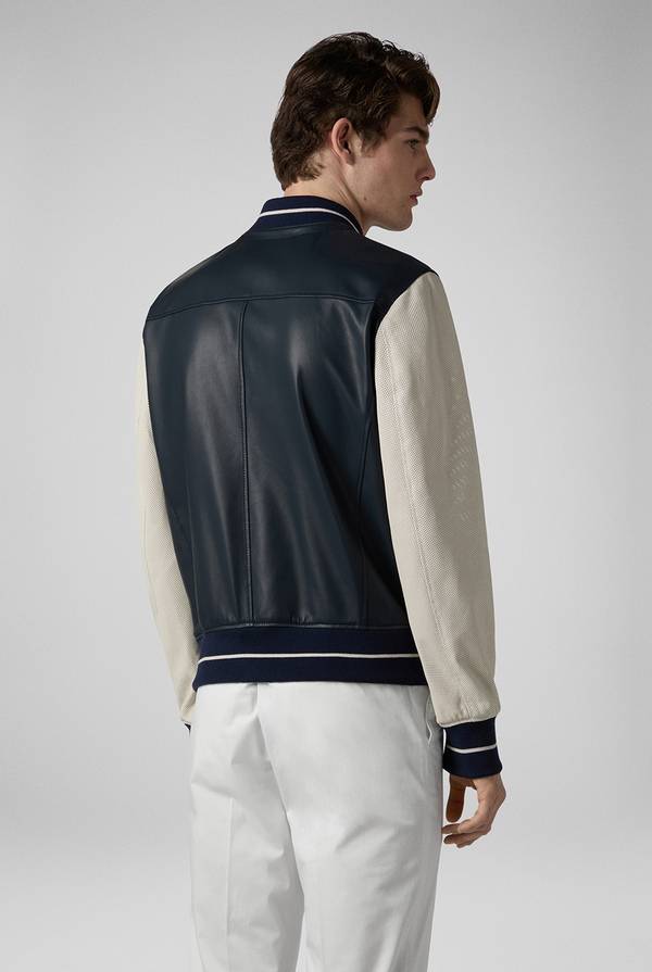 Pal Zileri Varsity Jacket in nappa bicolore blu e panna In Vendita
