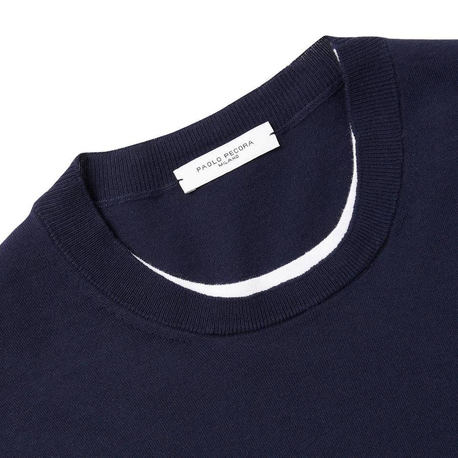 Paolo Pecora Maglia Girocollo in Puro Cotone Extrafine - Blu Navy con Dettagli Bianchi Offerta