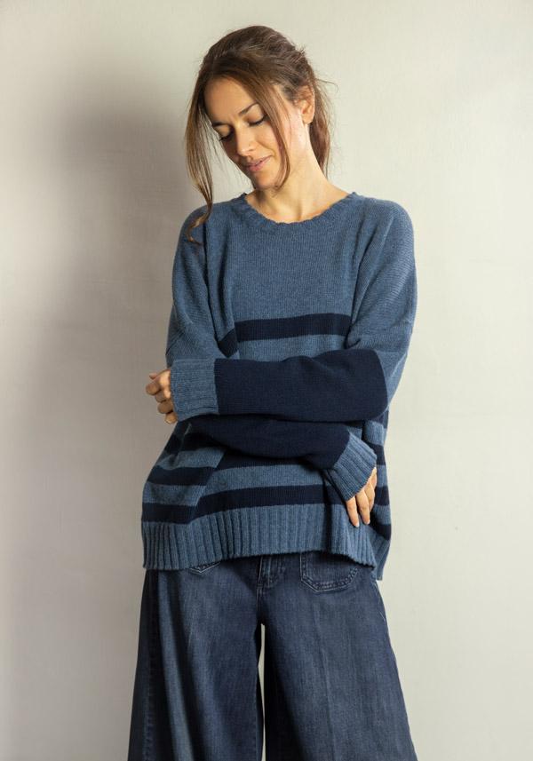 Rose & Lini MARCHÉ DES PALMIERS WOOL “GINEVRINA” STRIPED PULL BORMIDA & BLUE Qualità