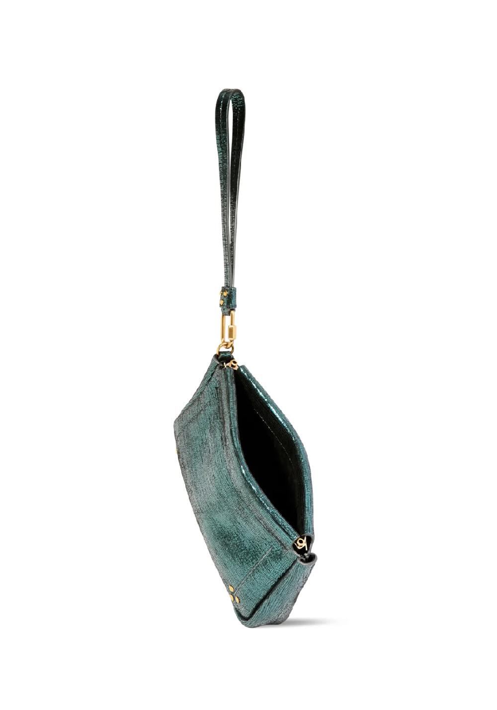 Rose & Lini JÉRÔME DREYFUSS “CLAP M” LAMÈ GREEN CLUTCH BAG Offerte speciali