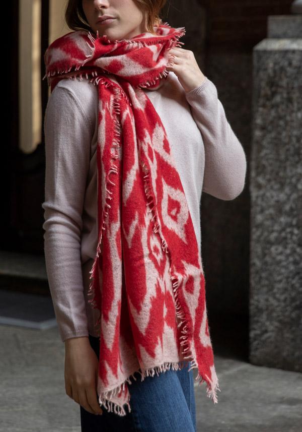 Rose & Lini MIRROR IN THE SKY CASHMERE “OPEN KNITTED PRINT” BEIGE & FIERY SCARF Limitato a 3 giorni