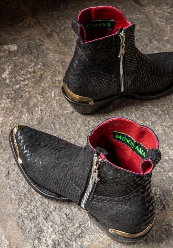Rose & Lini MEXICANA “LAPAZ MARACAIBO” TEXTURED BLACK ANKLE BOOTS Prezzo Ridotto