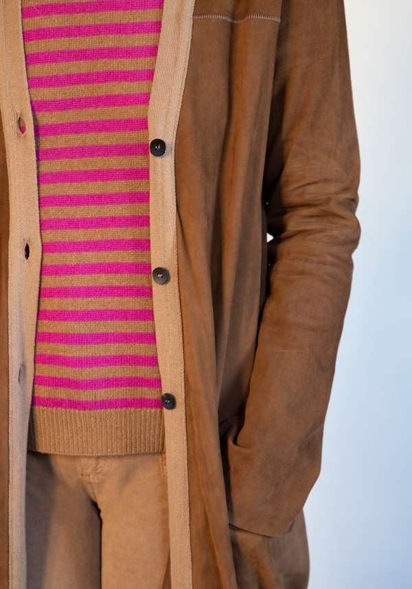Rose & Lini GIORGIO BRATO RUM SUEDE LEATHER “CARDIGAN OVER” Prezzo Ridotto