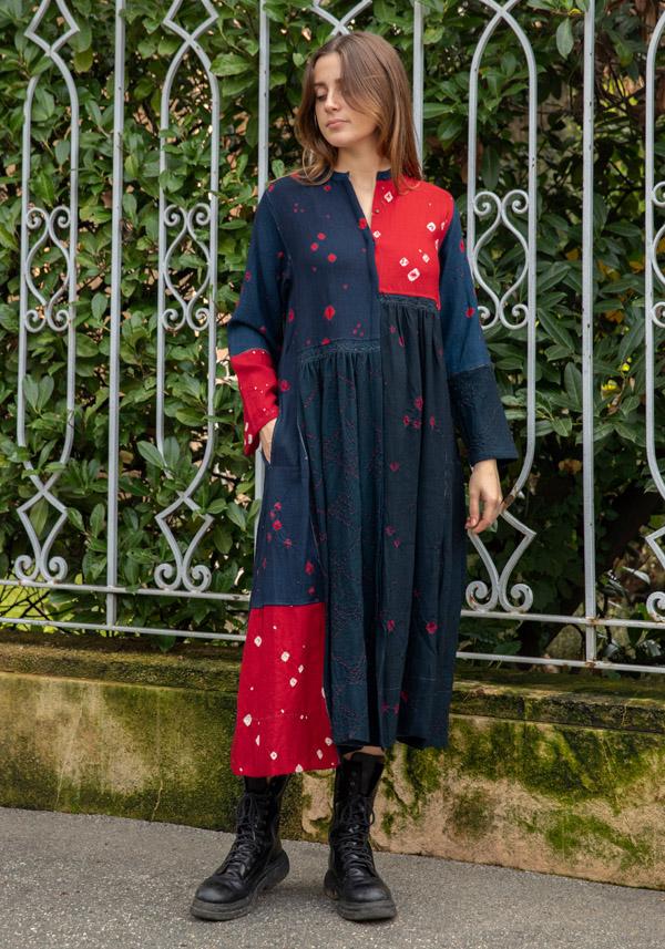 Rose & Lini INJIRI WOOL “DRESS 44” RED & NAVY In Vendita