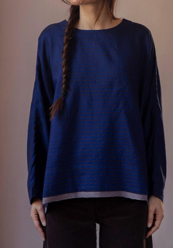 Rose & Lini AODRESS WOOL “BLOUSE 1” LAPIS & BROWN STRIPES Sconto di tempo limitato