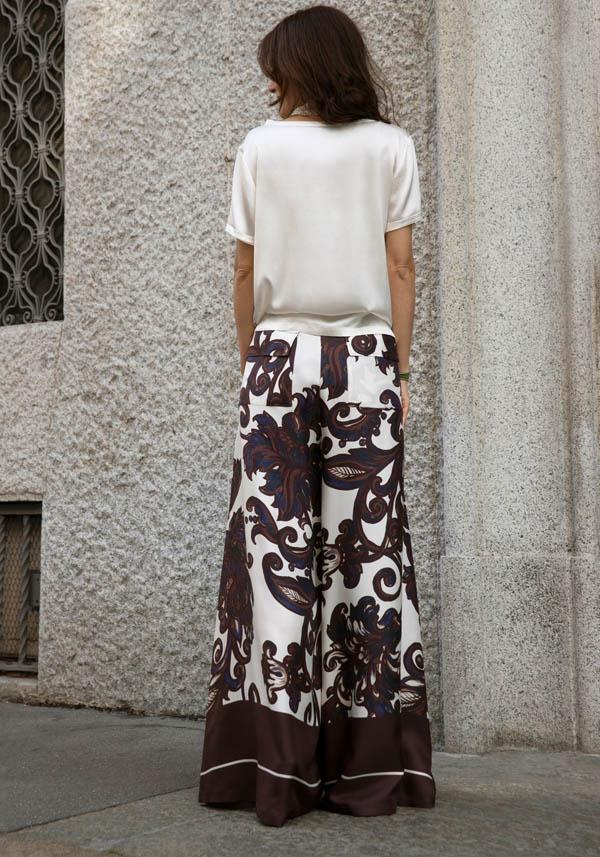 Rose & Lini CO.GO SILK BROWN & WHITE “PANTS VP241” FLORAL Offerta San Valentino