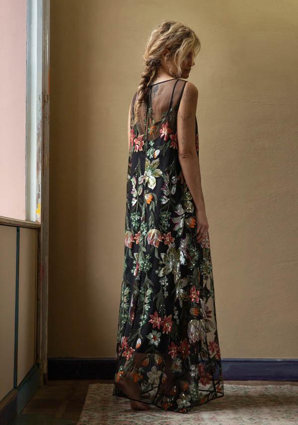 Rose & Lini CO.GO BLACK “DRESS VV354” FLOWER EMBROIDERIES Smaltimento dello stoccaggio