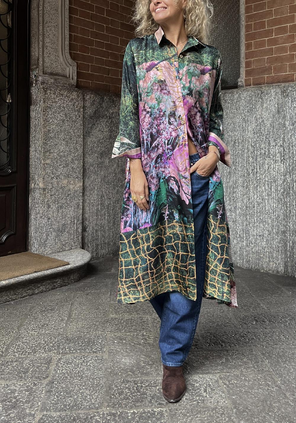 Rose & Lini BOKJA SILK GREEN PATTERNED LONG “Z DRESS” In vendita