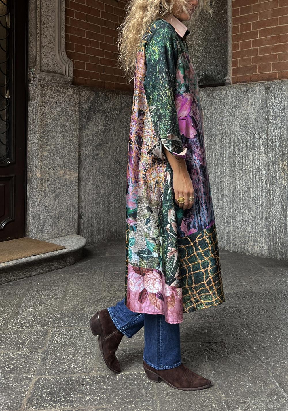 Rose & Lini BOKJA SILK GREEN PATTERNED LONG “Z DRESS” In vendita