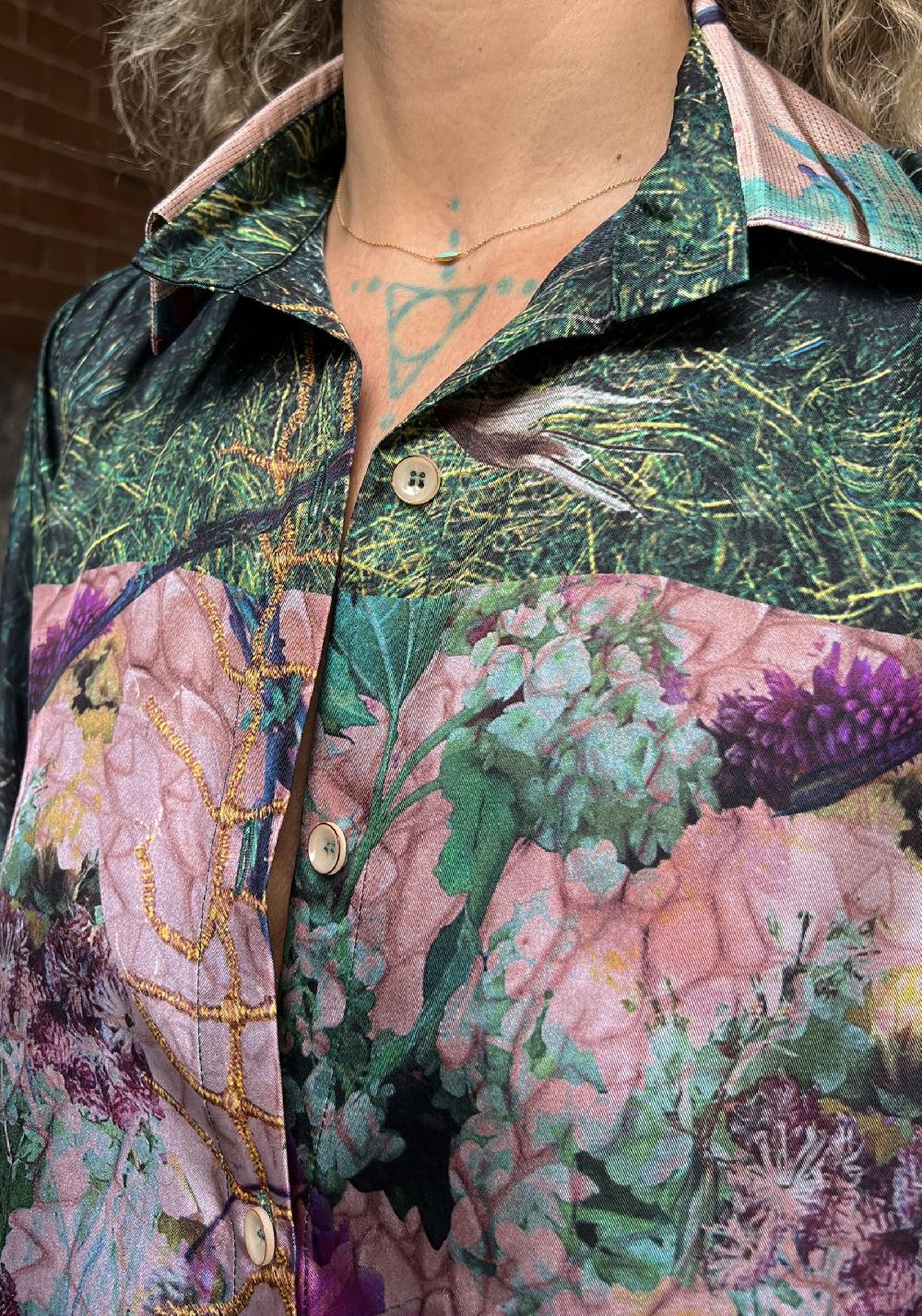 Rose & Lini BOKJA SILK GREEN PATTERNED LONG “Z DRESS” In vendita