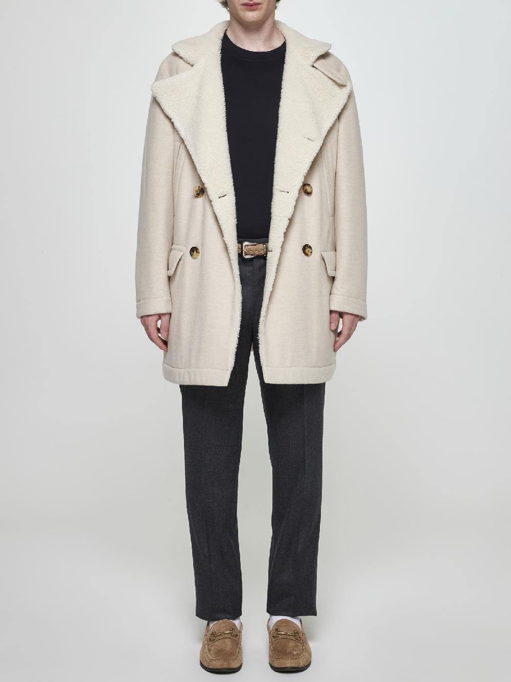 BRUNELLO CUCINELLI Caban in cashmere avorio con fodera in shearling Vendita