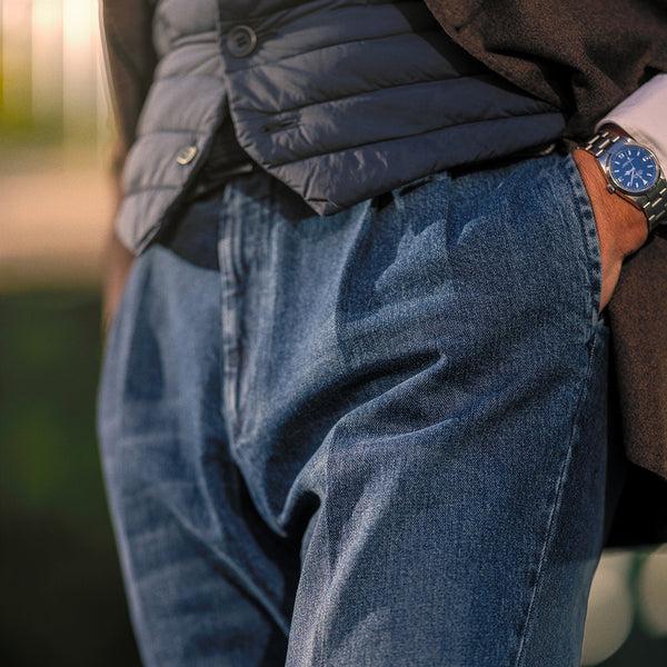 Rota Sport Winter Blue denim cotton sport trousers 2 Pleats Outlet