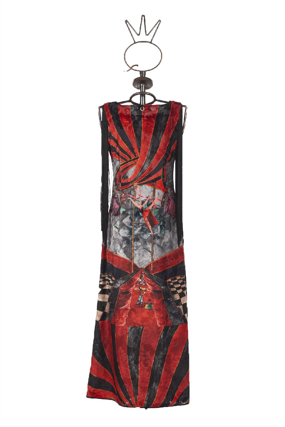 Save The Queen vestito lungo in tessuto devorè con stampa dedicata al Circo Black Friday Prezzi
