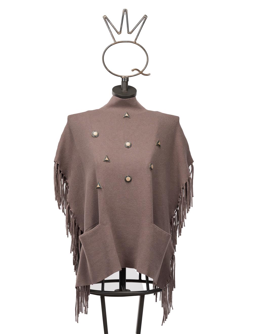 Save The Queen Maglia poncho color tortora in viscosa con applicazioni Sconti questo mese