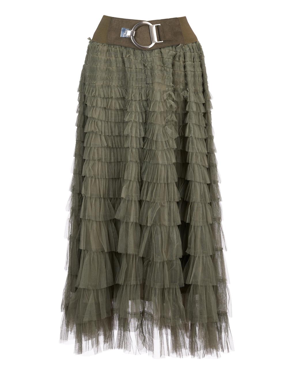 Save The Queen Gonna lunga a balze in tulle verde militare Nuovi prodotti