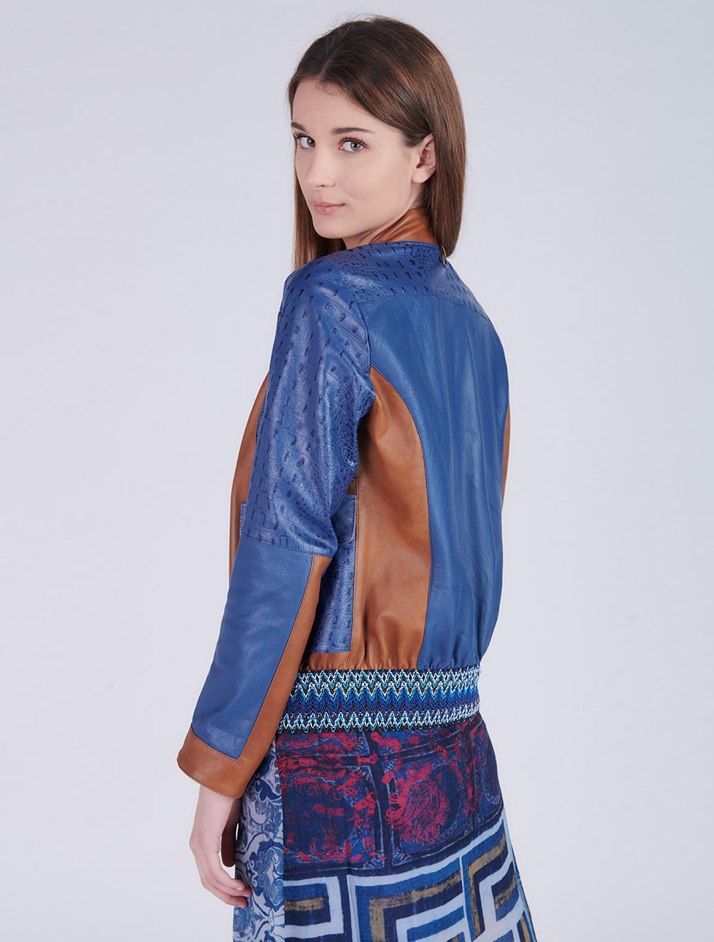 Save The Queen Giubbotto in pelle blu denim e color cognac lavorato ad intarsi Liquidazione