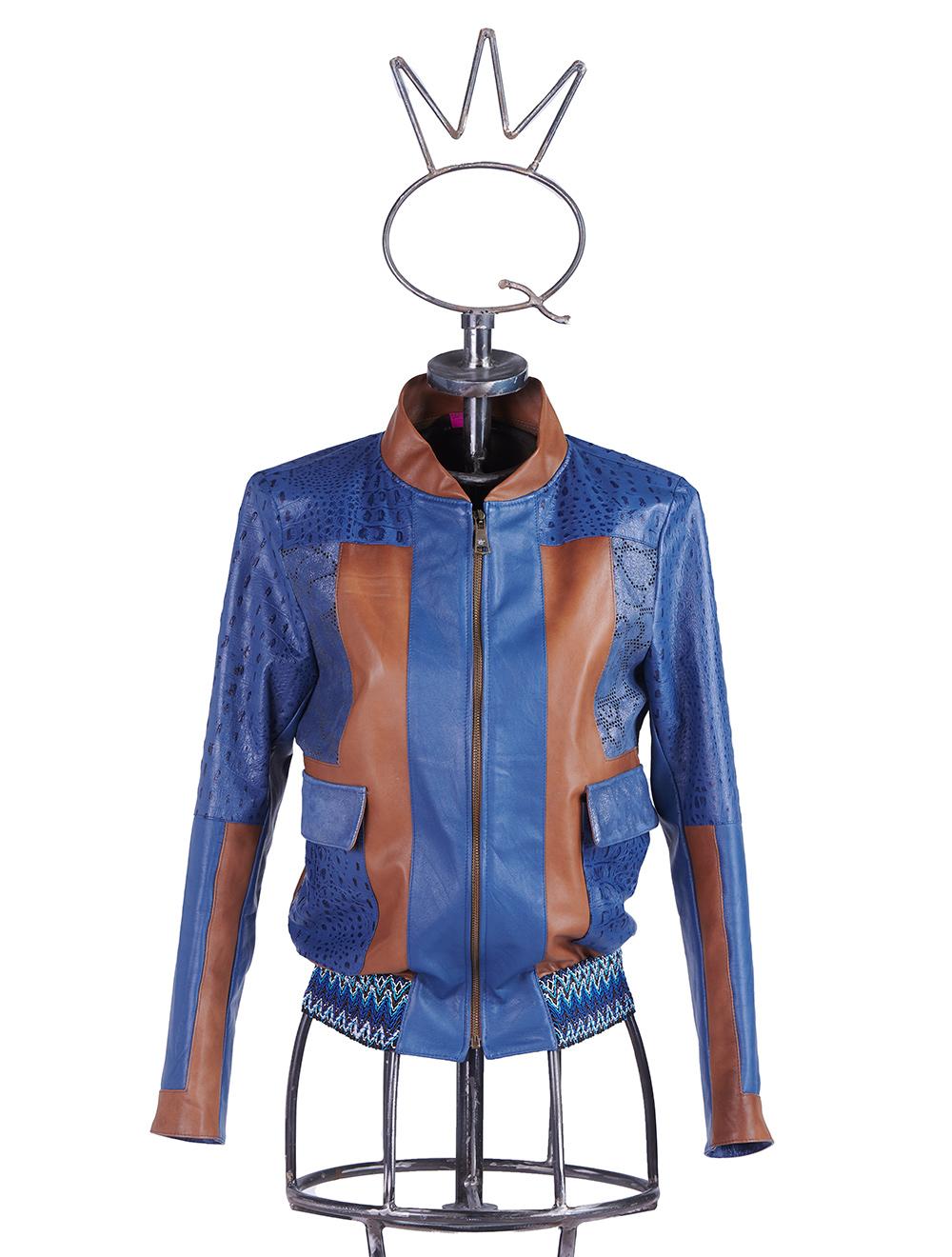 Save The Queen Giubbotto in pelle blu denim e color cognac lavorato ad intarsi Liquidazione