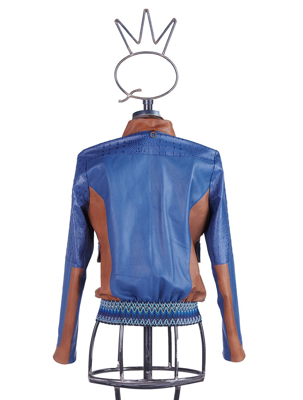 Save The Queen Giubbotto in pelle blu denim e color cognac lavorato ad intarsi Liquidazione