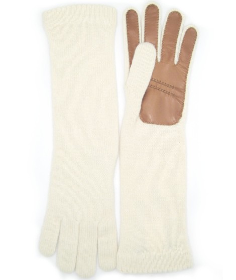 Sermoneta Gloves Guanto in 100% cashmere 4bt con palmo in Nappa Panna/Tan Spedizione Gratuita