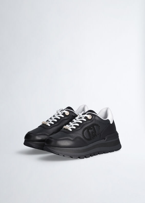 Liu Jo Sneakers nere in pelle con logo gioiello Vendite stagionali