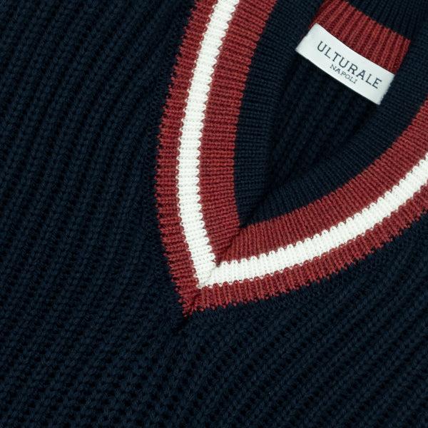 Ulturale Pullover blu in maglia inglese con scollo V a contrasto – Ulturale Online