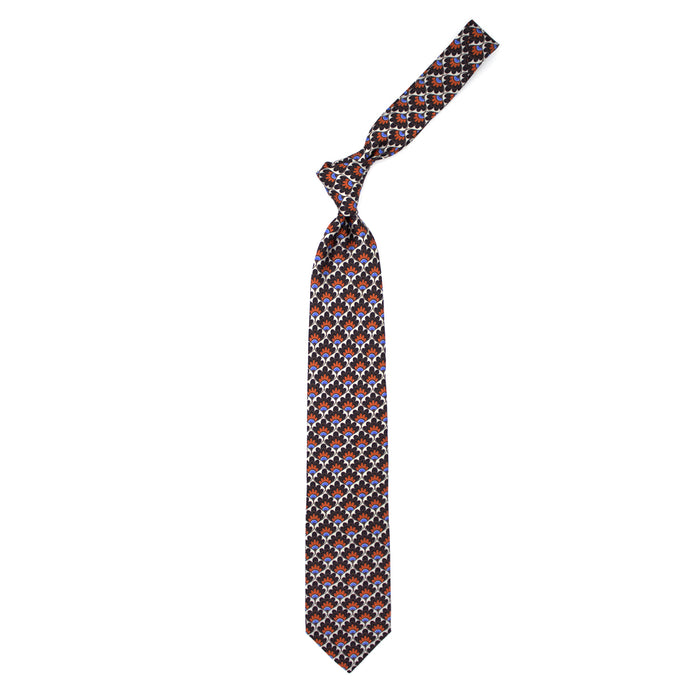 Ulturale Cravatta con pattern a ventaglio floreale marrone arancione e azzurro in seta – Ulturale Online