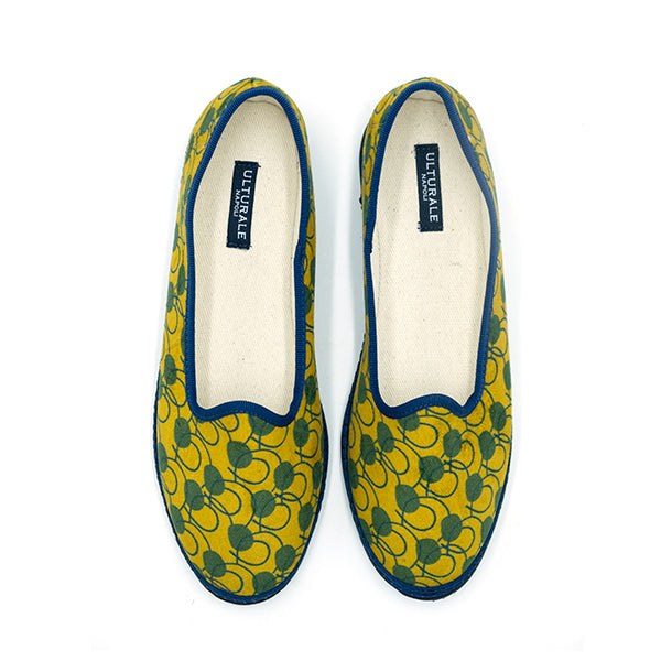 Ulturale Furlane con pattern astratto giallo e verde e bordo blu in 100% velluto di cotone - Ulturale Trasporto libero internazionale